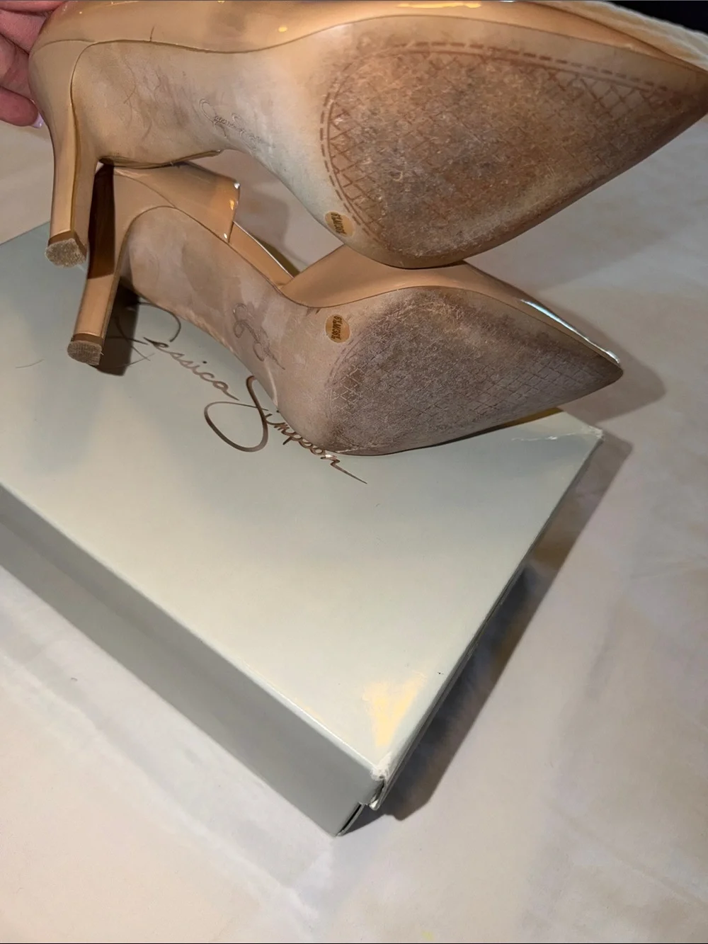 Jessica Simpson Nude Patent Pointed Toe Pumps - Blush Beige
